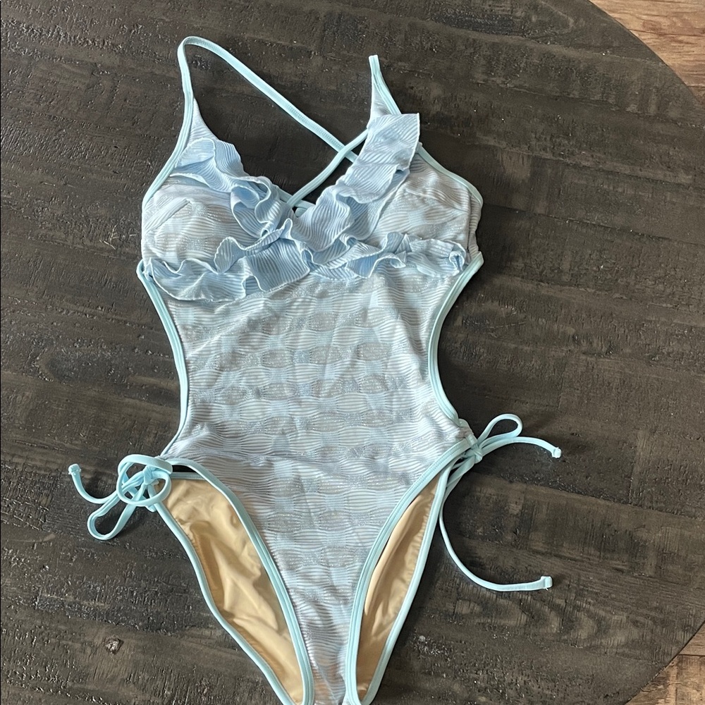 Cupshe Pale Blue Ruffle Cutout One-Piece Swimsuit
